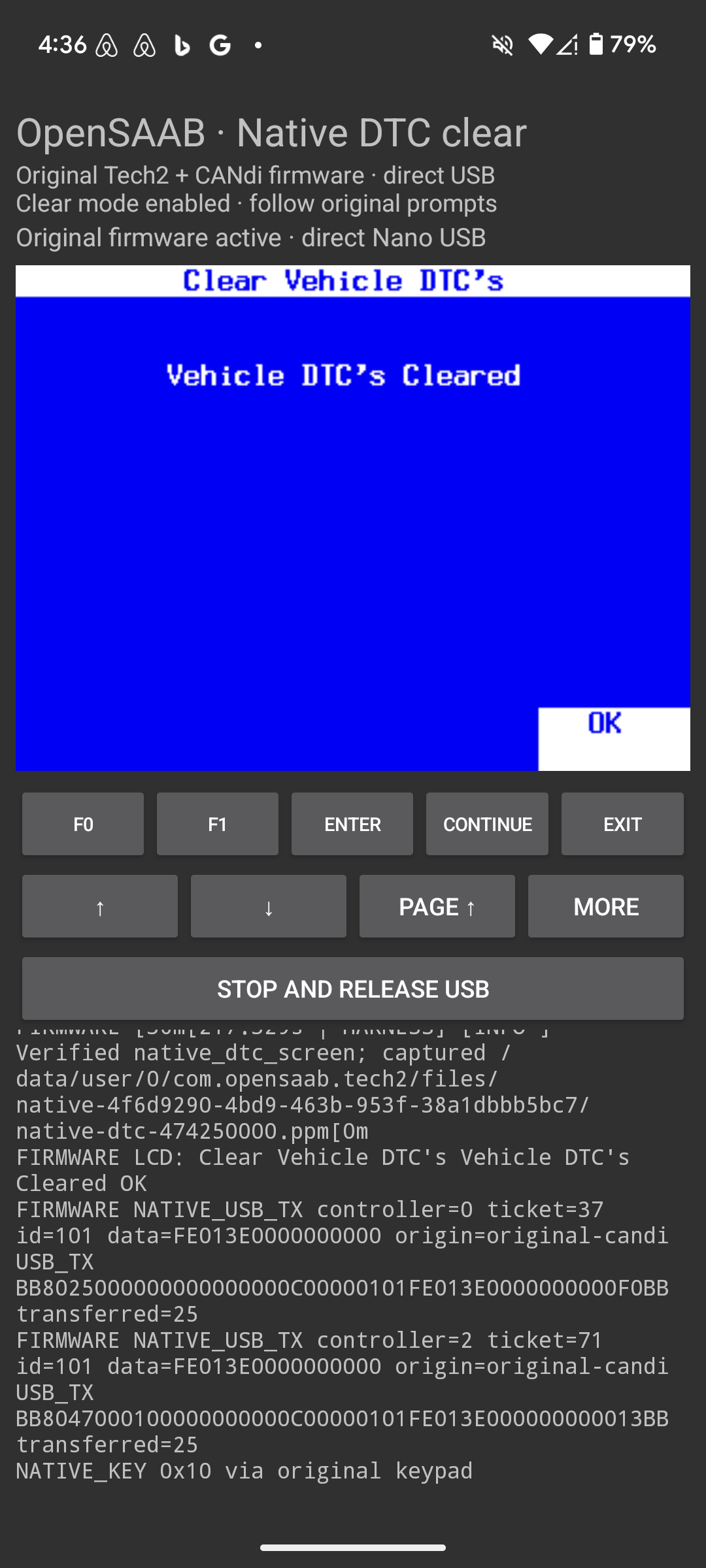 Pixel screenshot showing the original Clear Vehicle DTC’s page with Vehicle DTC’s Cleared and OK.