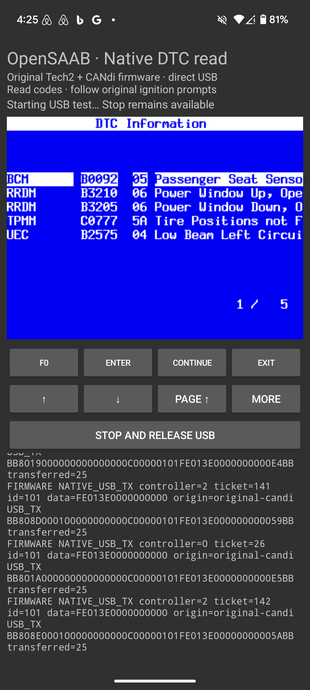 Pixel screenshot showing original DTC Information: BCM B0092 05, RRDM B3210 06 and B3205 06, TPMM C0777 5A, UEC B2575 04; USB console below.