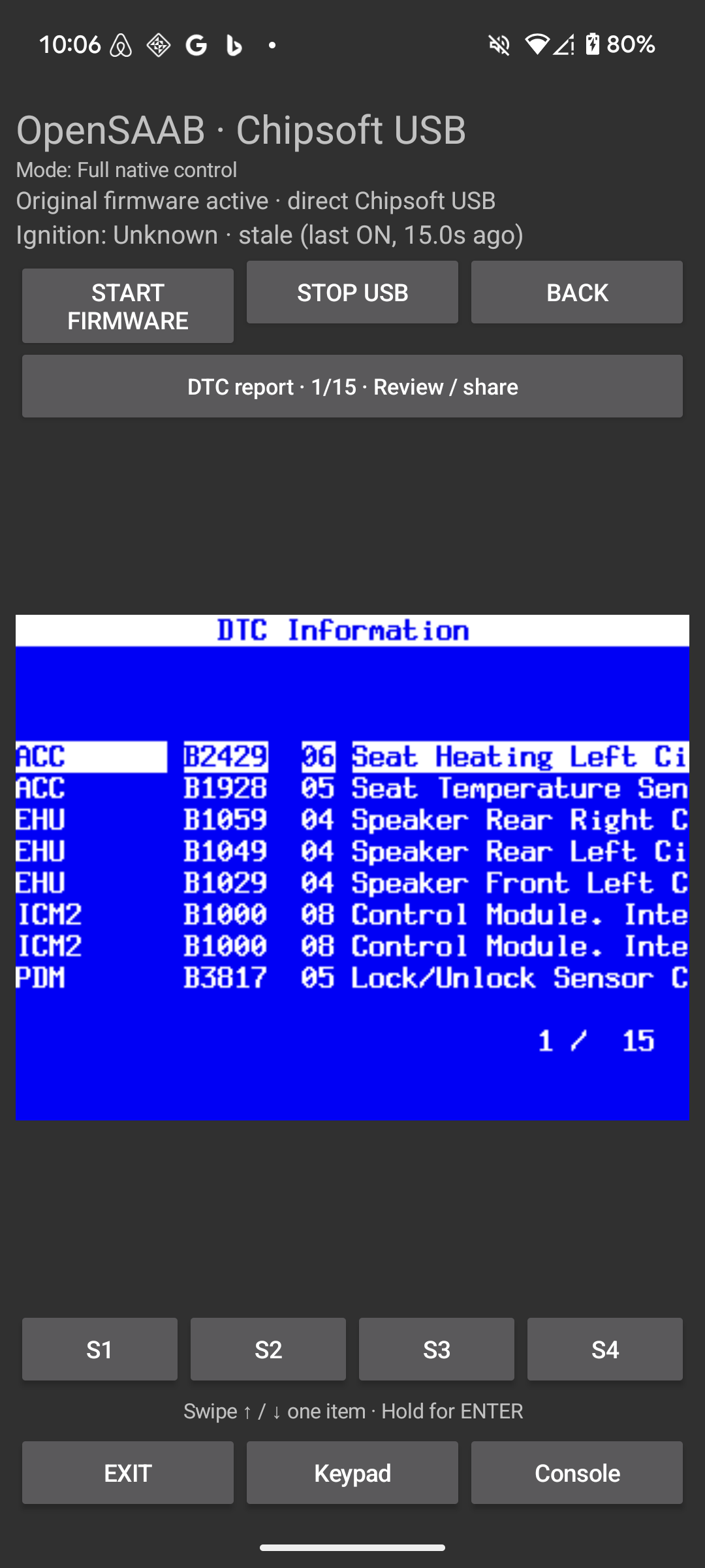OpenSAAB running on a Pixel 7: original firmware DTC results with touch controls and report sharing